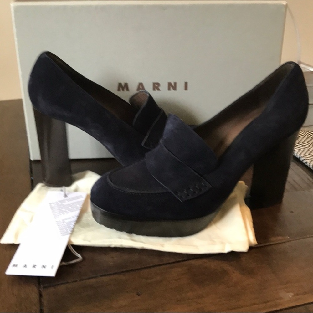 Marni Women's Navy Suede Block Heel Loafers